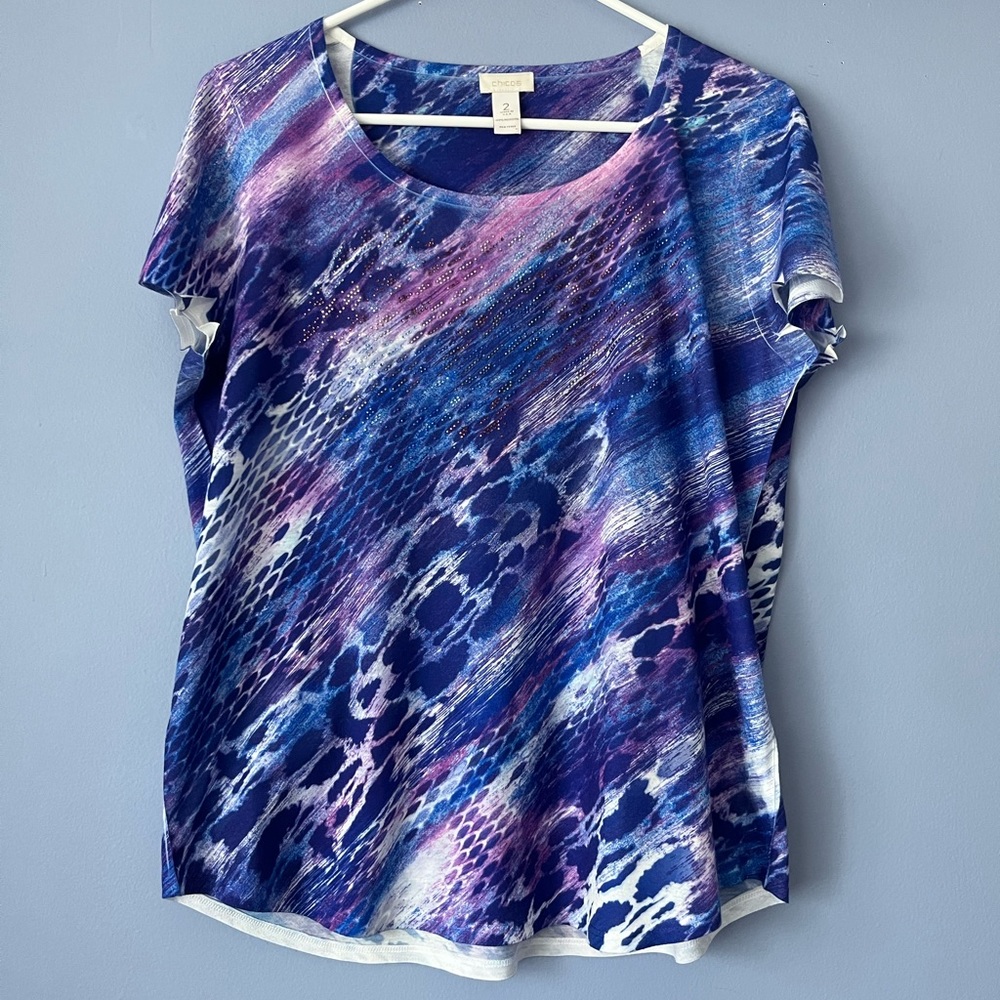 Chicos Tie Dye Rhinestone Short Sleeve Tee Large